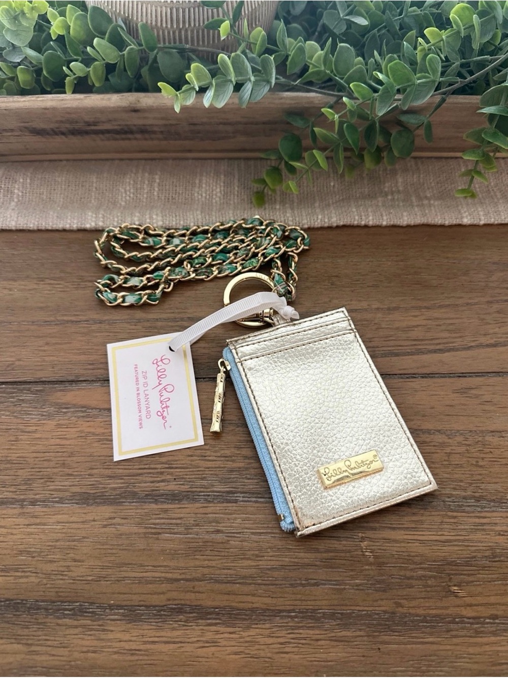 Lilly Pulitzer Gold Cardholder Lanyard with Light Blue Trim